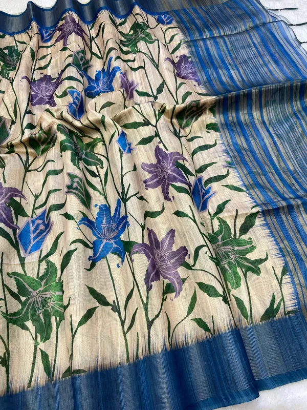 Soft_Tussar_Silk_sarees_with_Beautiful_Digital_Print_With_Attractive_Border_And_Contrast_Print_Blouse_With_Tassels
