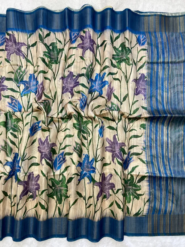 Soft_Tussar_Silk_sarees_with_Beautiful_Digital_Print_With_Attractive_Border_And_Contrast_Print_Blouse_With_Tassels