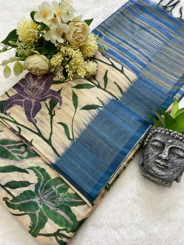 Soft_Tussar_Silk_sarees_with_Beautiful_Digital_Print_With_Attractive_Border_And_Contrast_Print_Blouse_With_Tassels