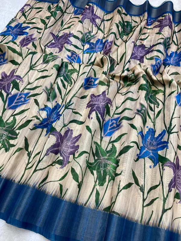 Soft_Tussar_Silk_sarees_with_Beautiful_Digital_Print_With_Attractive_Border_And_Contrast_Print_Blouse_With_Tassels