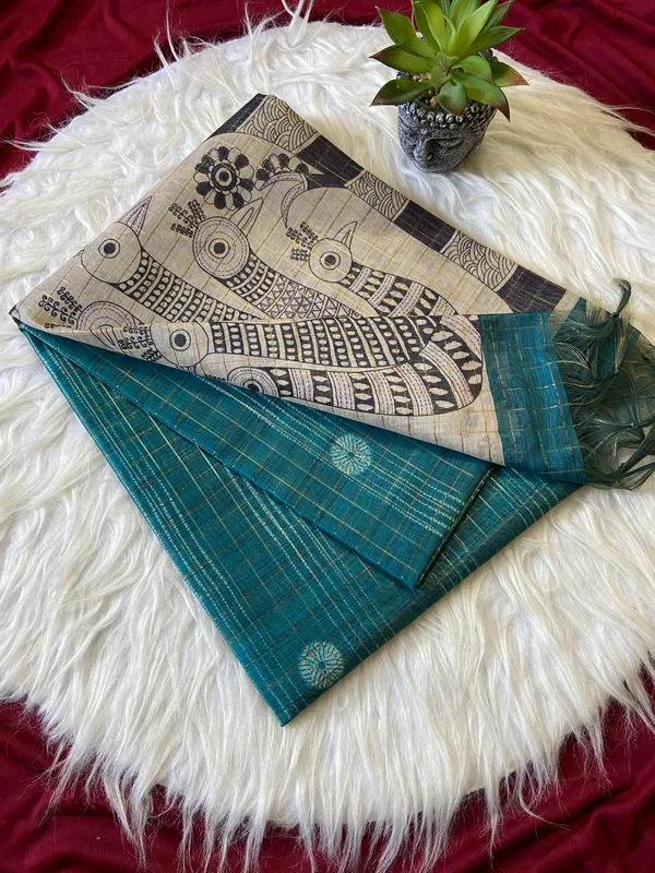 Soft_Semi_Tussar_Silk_sarees_with_Beautiful_Digital_Print_With_Attractive_Border_And_Contrast_Print_Blouse_With_Tassels