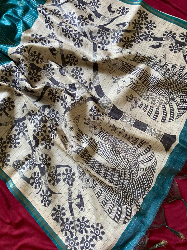 Soft_Semi_Tussar_Silk_sarees_with_Beautiful_Digital_Print_With_Attractive_Border_And_Contrast_Print_Blouse_With_Tassels