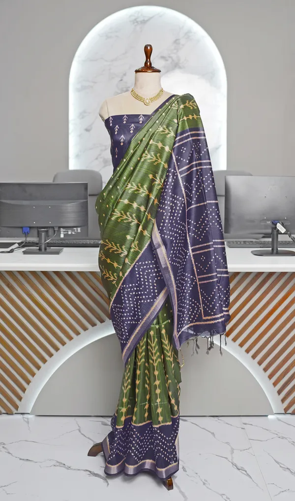 Soft_Tussar_Silk_sarees_with_Beautiful_Digital_Print_With_Attractive_Border_And_Contrast_Print_Blouse_With_Tassels