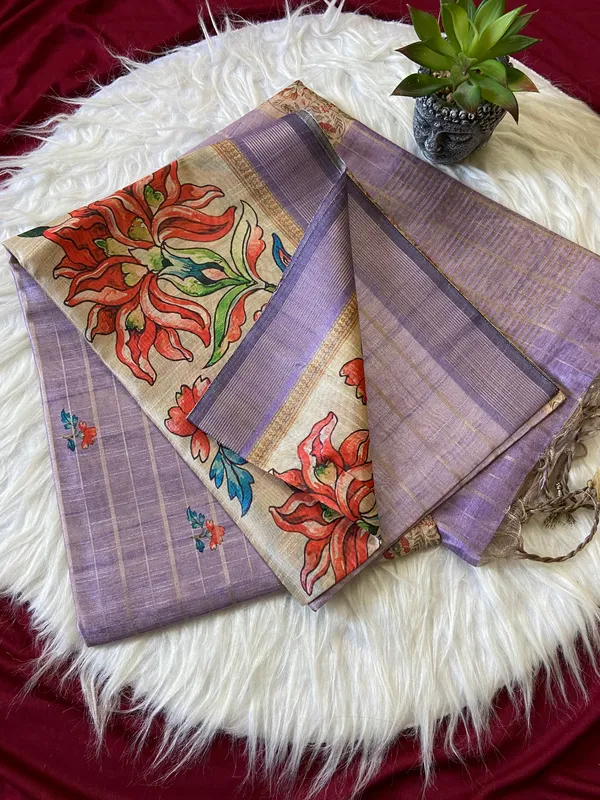 Soft_Semi_Tussar_Silk_sarees_with_Beautiful_Digital_Print_With_Attractive_Border_And_Contrast_Print_Blouse_With_Tassels