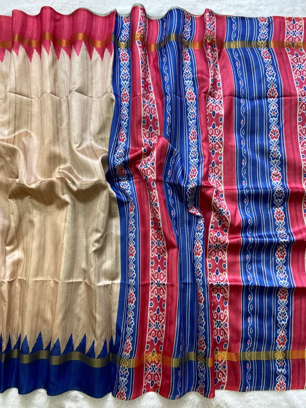 Soft_Tussar_Silk_sarees_with_Beautiful_Print_With_Attractive_Border_And_Contrast_Print_Blouse_With_Tassels