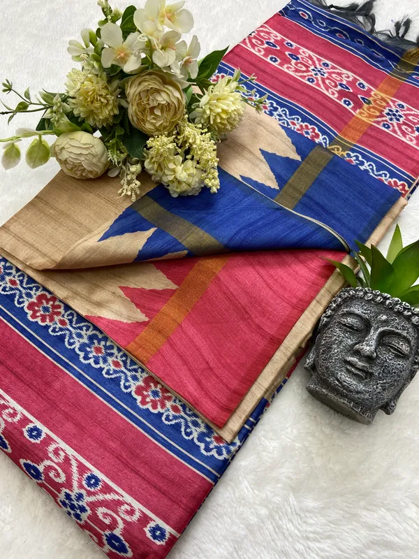 Soft_Tussar_Silk_sarees_with_Beautiful_Print_With_Attractive_Border_And_Contrast_Print_Blouse_With_Tassels