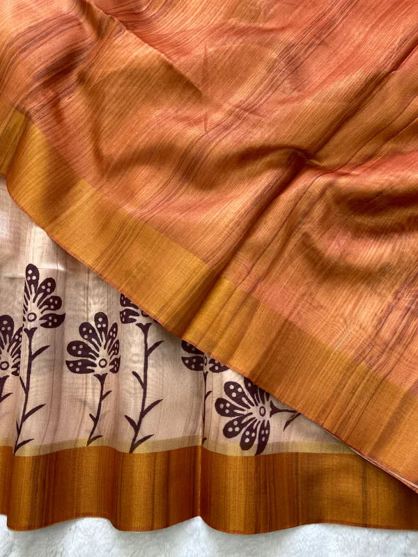 Ziana_Orange_–_Diwali_Special_|_Soft_Tussar_Silk_Saree_with_Print,_Border_&_Contrast_Print_Blouse_with_Tassels