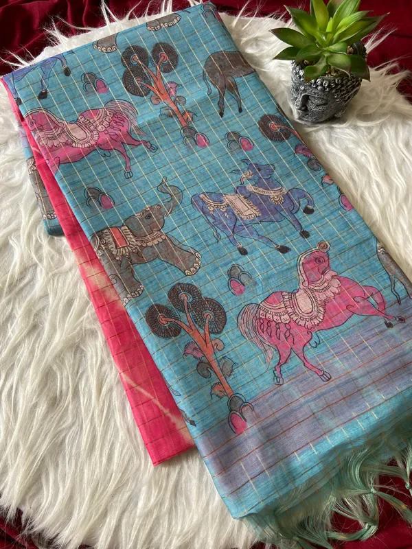 Soft_Semi_Tussar_Silk_sarees_with_Beautiful_Digital_Print_With_Attractive_Border_And_Contrast_Print_Blouse_With_Tassels