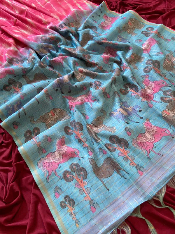 Soft_Semi_Tussar_Silk_sarees_with_Beautiful_Digital_Print_With_Attractive_Border_And_Contrast_Print_Blouse_With_Tassels