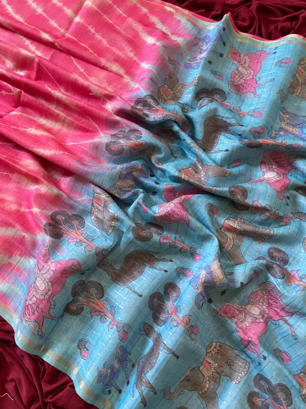 Soft_Semi_Tussar_Silk_sarees_with_Beautiful_Digital_Print_With_Attractive_Border_And_Contrast_Print_Blouse_With_Tassels