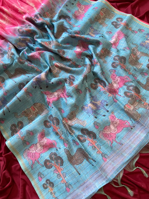 Soft_Semi_Tussar_Silk_sarees_with_Beautiful_Digital_Print_With_Attractive_Border_And_Contrast_Print_Blouse_With_Tassels