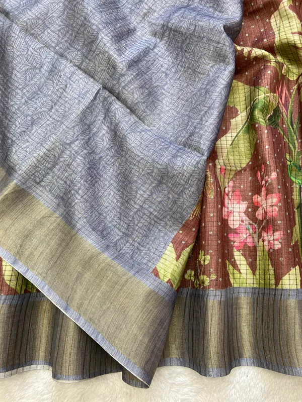 Jisha_Grey_–_Checks_Design_Aesthetic_Edit_for_You_|_Soft_Tussar_Silk_Saree_with_Digital_Print,_Checks_Design_Saree_&_Digital_Print_Blouse_with_Tassels