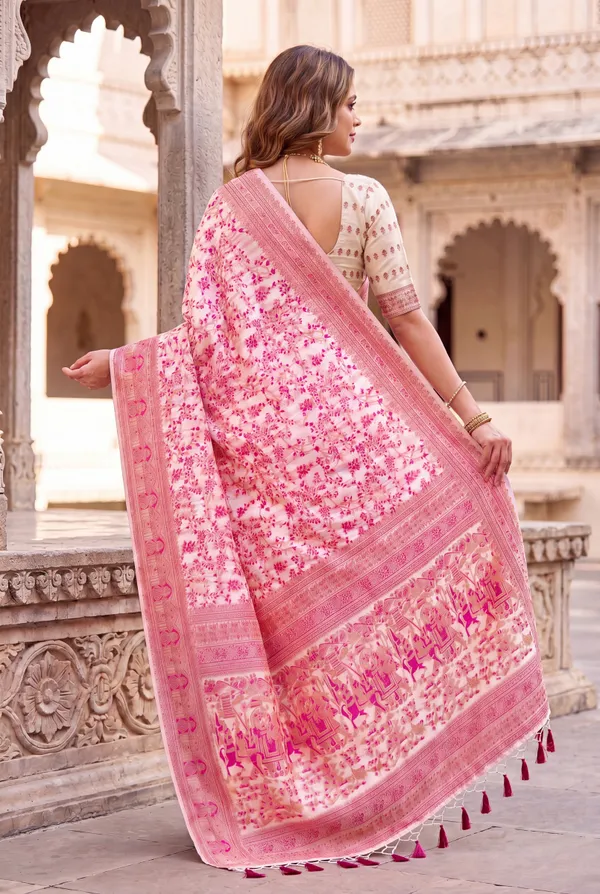 Vahnika_Pink_–_Fiery_Wedding_Special_|_Soft_Jamdani_Cotton_Silk_Saree_with_Resham_Weaving,_Resham_Woven_Design_Pallu_&_Running_Blouse_with_Tassels