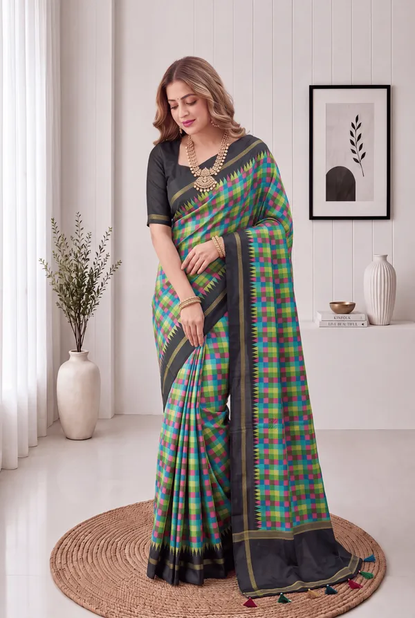 Soft_Tussar_Silk_sarees_with_Beautiful_Digital_Print_With_Attractive_Border_And_Contrast_Print_Blouse_With_Tassels