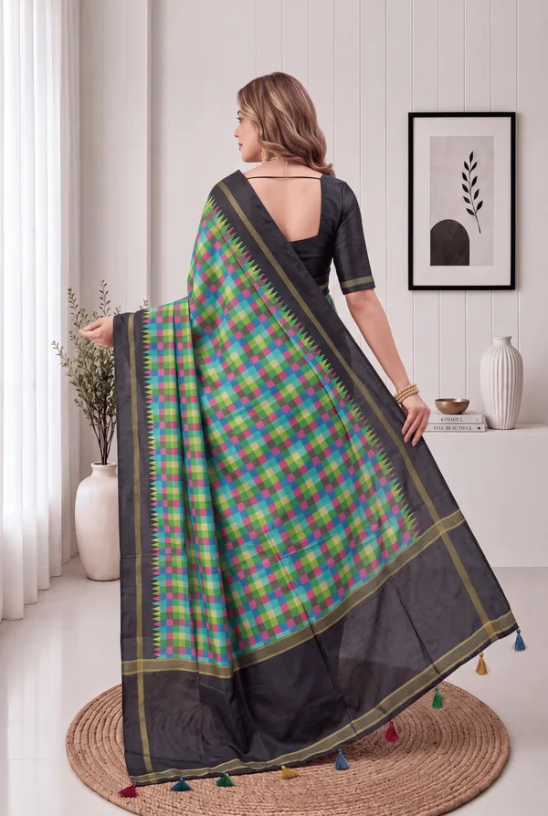 Soft_Tussar_Silk_sarees_with_Beautiful_Digital_Print_With_Attractive_Border_And_Contrast_Print_Blouse_With_Tassels