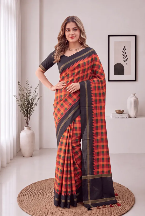 Soft_Tussar_Silk_sarees_with_Beautiful_Digital_Print_With_Attractive_Border_And_Contrast_Print_Blouse_With_Tassels