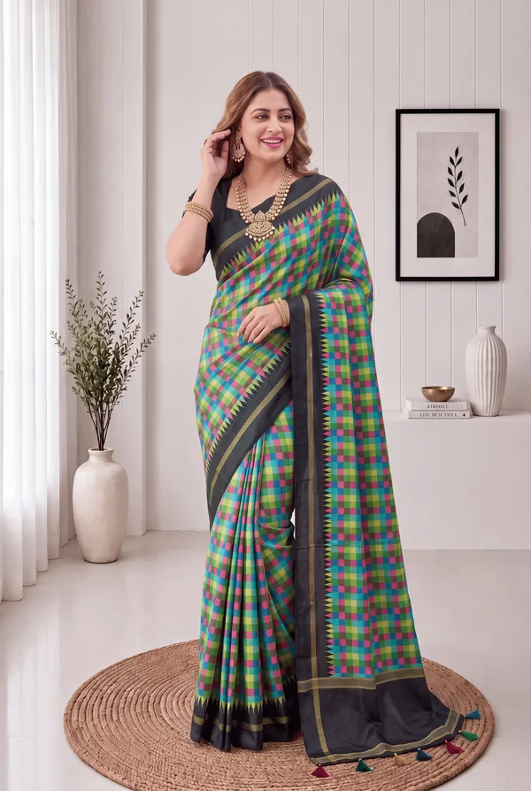 Soft_Tussar_Silk_sarees_with_Beautiful_Digital_Print_With_Attractive_Border_And_Contrast_Print_Blouse_With_Tassels