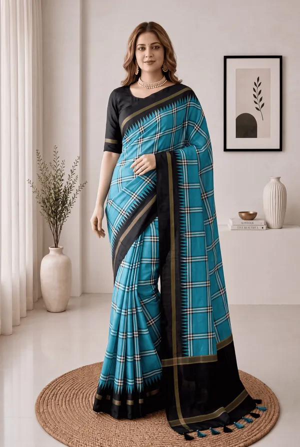 Soft_Tussar_Silk_sarees_with_Beautiful_Digital_Print_With_Attractive_Border_And_Contrast_Print_Blouse_With_Tassels