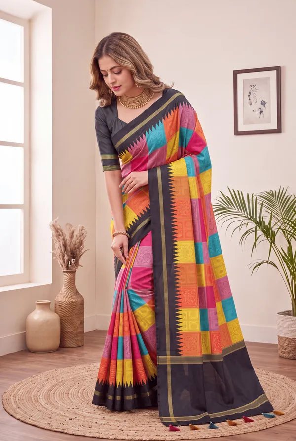 Soft_Tussar_Silk_sarees_with_Beautiful_Digital_Print_With_Attractive_Border_And_Contrast_Print_Blouse_With_Tassels
