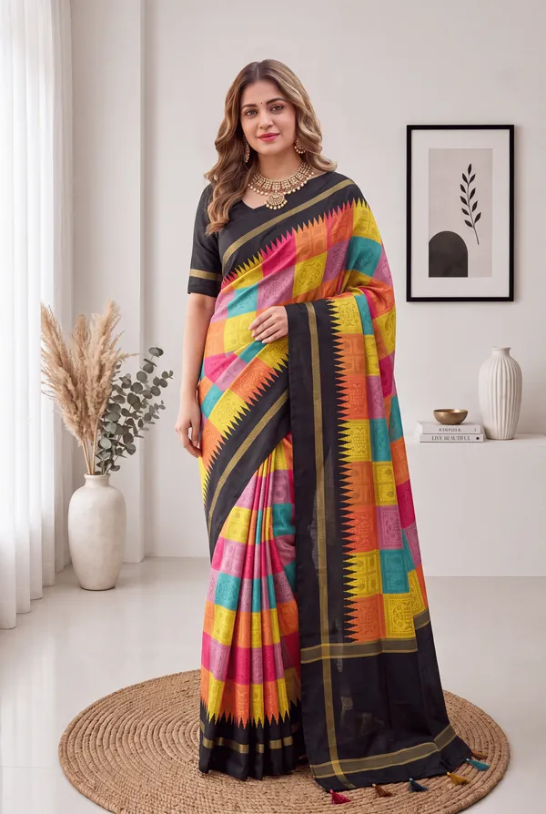 Soft_Tussar_Silk_sarees_with_Beautiful_Digital_Print_With_Attractive_Border_And_Contrast_Print_Blouse_With_Tassels