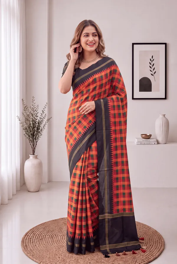 Soft_Tussar_Silk_sarees_with_Beautiful_Digital_Print_With_Attractive_Border_And_Contrast_Print_Blouse_With_Tassels