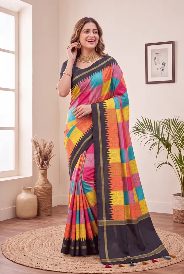 Soft_Tussar_Silk_sarees_with_Beautiful_Digital_Print_With_Attractive_Border_And_Contrast_Print_Blouse_With_Tassels