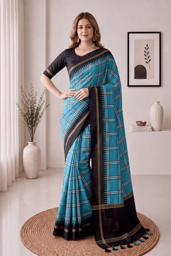 Soft_Tussar_Silk_sarees_with_Beautiful_Digital_Print_With_Attractive_Border_And_Contrast_Print_Blouse_With_Tassels
