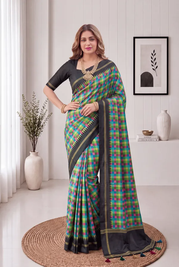 Soft_Tussar_Silk_sarees_with_Beautiful_Digital_Print_With_Attractive_Border_And_Contrast_Print_Blouse_With_Tassels