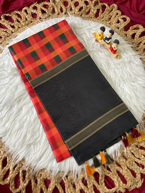Soft_Tussar_Silk_sarees_with_Beautiful_Digital_Print_With_Attractive_Border_And_Contrast_Print_Blouse_With_Tassels