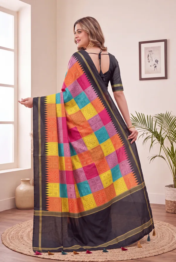 Soft_Tussar_Silk_sarees_with_Beautiful_Digital_Print_With_Attractive_Border_And_Contrast_Print_Blouse_With_Tassels