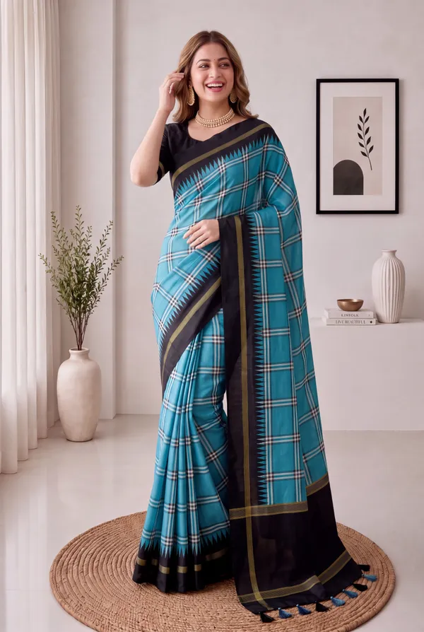 Soft_Tussar_Silk_sarees_with_Beautiful_Digital_Print_With_Attractive_Border_And_Contrast_Print_Blouse_With_Tassels