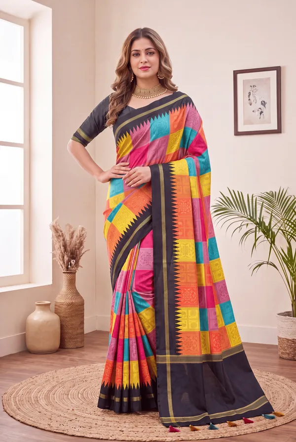 Soft_Tussar_Silk_sarees_with_Beautiful_Digital_Print_With_Attractive_Border_And_Contrast_Print_Blouse_With_Tassels