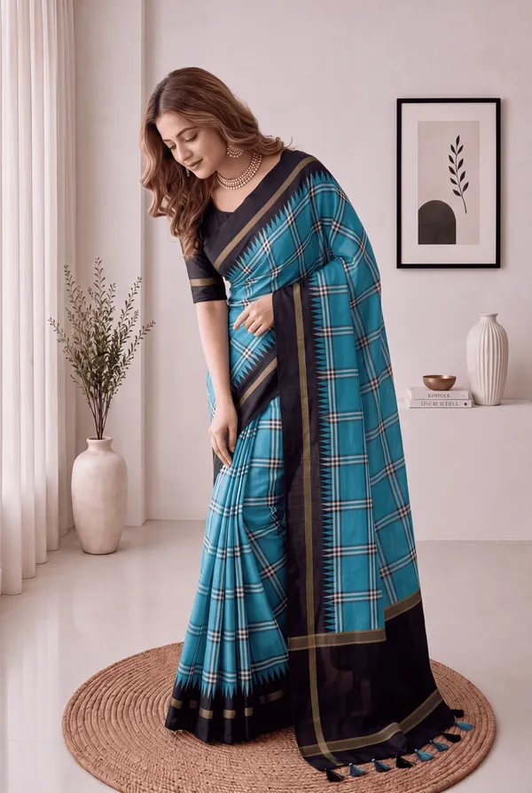 Soft_Tussar_Silk_sarees_with_Beautiful_Digital_Print_With_Attractive_Border_And_Contrast_Print_Blouse_With_Tassels