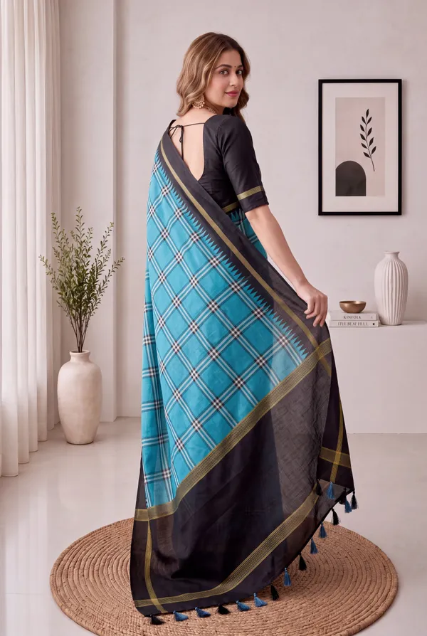 Soft_Tussar_Silk_sarees_with_Beautiful_Digital_Print_With_Attractive_Border_And_Contrast_Print_Blouse_With_Tassels