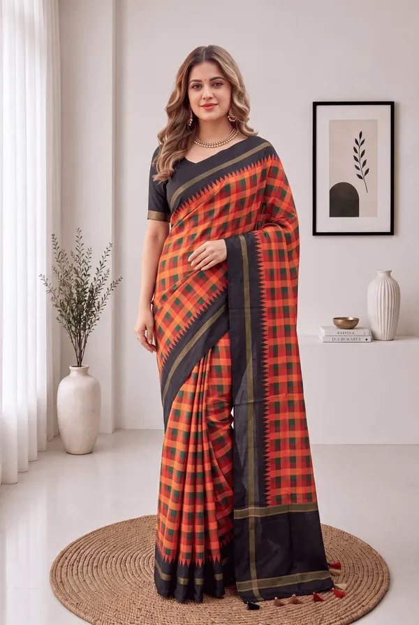 Soft_Tussar_Silk_sarees_with_Beautiful_Digital_Print_With_Attractive_Border_And_Contrast_Print_Blouse_With_Tassels