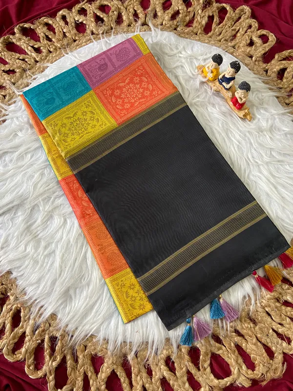 Soft_Tussar_Silk_sarees_with_Beautiful_Digital_Print_With_Attractive_Border_And_Contrast_Print_Blouse_With_Tassels