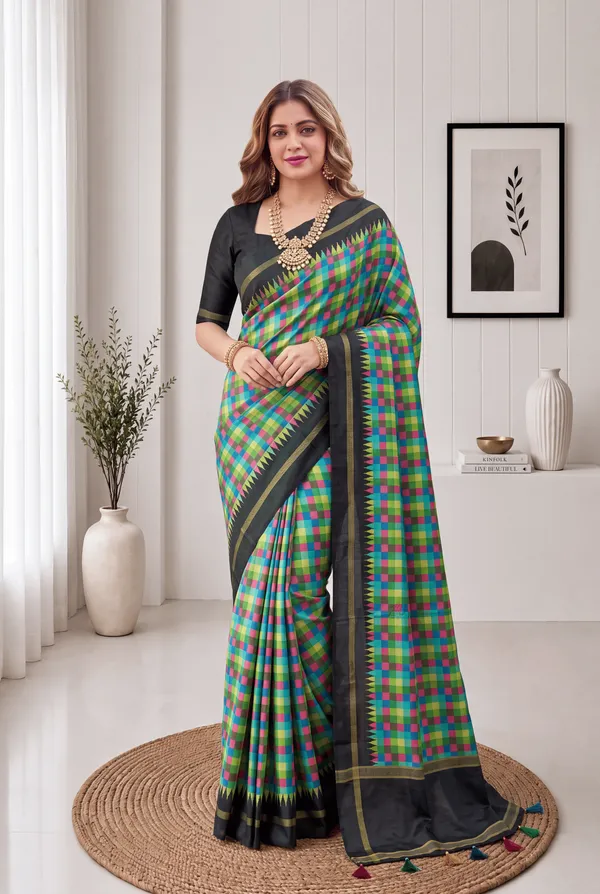 Soft_Tussar_Silk_sarees_with_Beautiful_Digital_Print_With_Attractive_Border_And_Contrast_Print_Blouse_With_Tassels