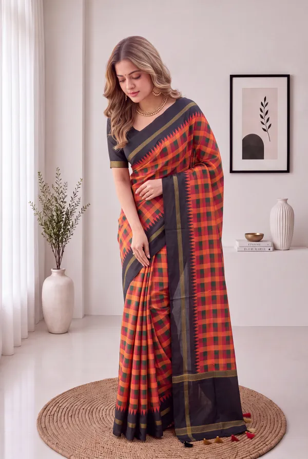 Soft_Tussar_Silk_sarees_with_Beautiful_Digital_Print_With_Attractive_Border_And_Contrast_Print_Blouse_With_Tassels