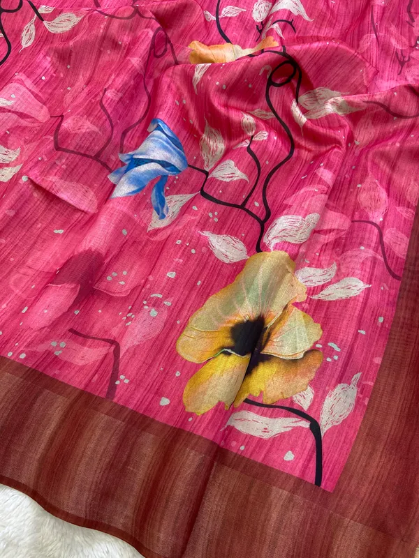 Yukti_Pink_–_Navratri_Special_|_Soft_Tussar_Silk_Saree_with_Print,_Border_&_Contrast_Print_Blouse_with_Tassels