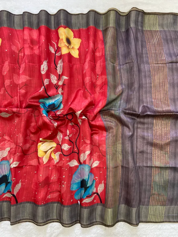 Yukti_Red_–_Diwali_Special_|_Soft_Tussar_Silk_Saree_with_Print,_Border_&_Contrast_Print_Blouse_with_Tassels