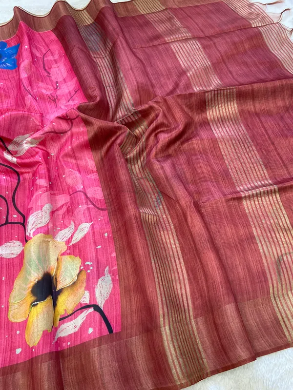 Yukti_Pink_–_Navratri_Special_|_Soft_Tussar_Silk_Saree_with_Print,_Border_&_Contrast_Print_Blouse_with_Tassels
