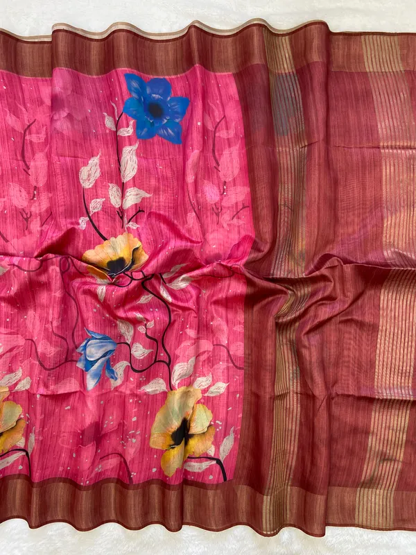 Yukti_Pink_–_Navratri_Special_|_Soft_Tussar_Silk_Saree_with_Print,_Border_&_Contrast_Print_Blouse_with_Tassels