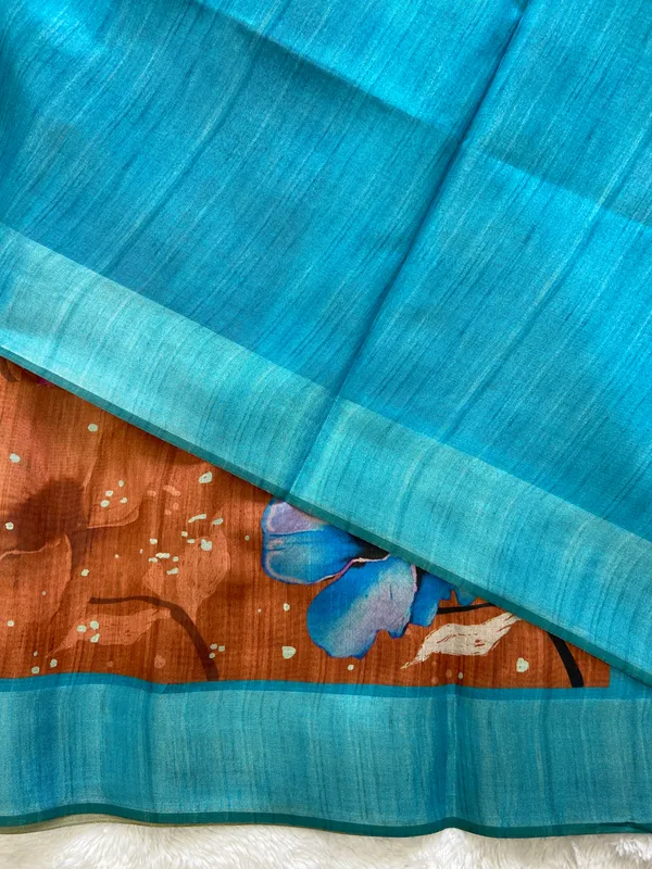 Yukti_Coffee_Brown_–_Aesthetic_Edit_for_You_|_Soft_Tussar_Silk_Saree_with_Print,_Border_&_Contrast_Print_Blouse_with_Tassels
