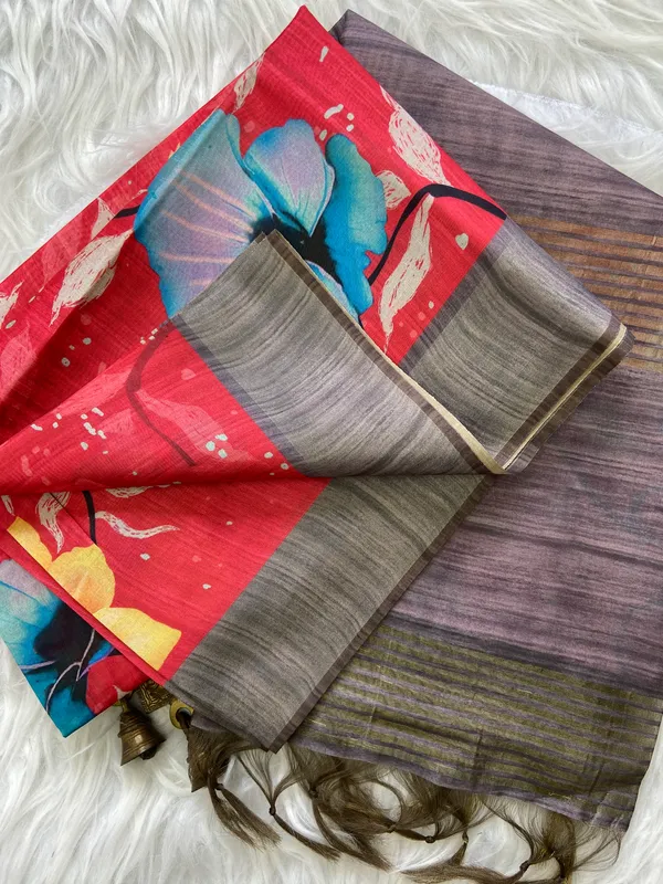 Yukti_Red_–_Diwali_Special_|_Soft_Tussar_Silk_Saree_with_Print,_Border_&_Contrast_Print_Blouse_with_Tassels