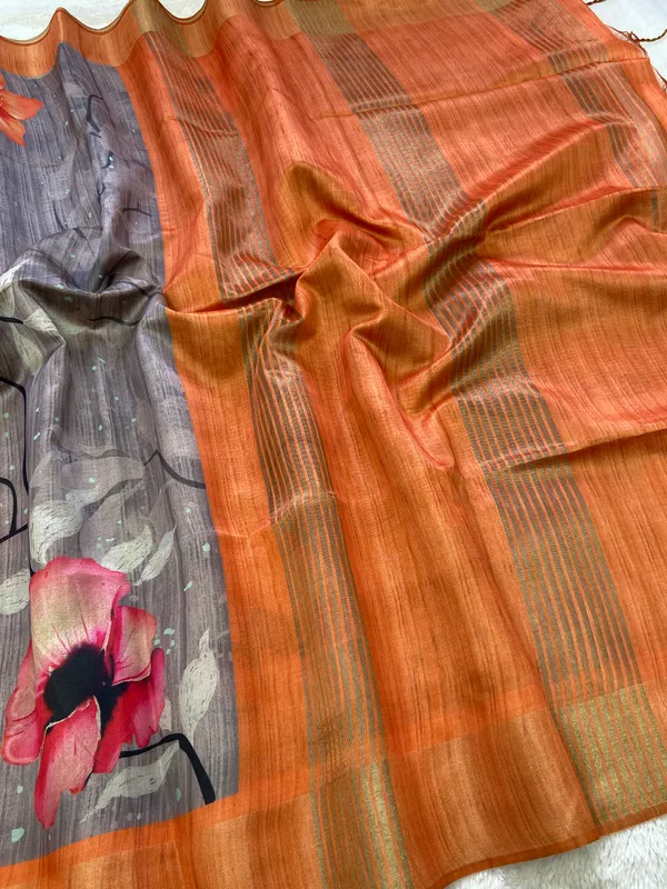 Yukti_Grey_–_Aesthetic_Edit_for_You_|_Soft_Tussar_Silk_Saree_with_Print,_Border_&_Contrast_Print_Blouse_with_Tassels