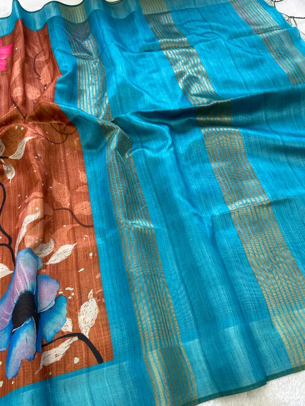 Yukti_Coffee_Brown_–_Aesthetic_Edit_for_You_|_Soft_Tussar_Silk_Saree_with_Print,_Border_&_Contrast_Print_Blouse_with_Tassels