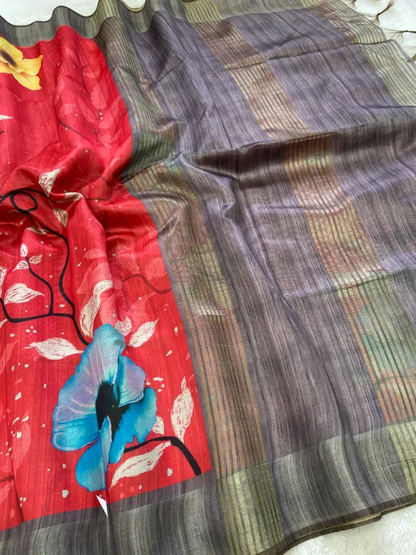 Yukti_Red_–_Diwali_Special_|_Soft_Tussar_Silk_Saree_with_Print,_Border_&_Contrast_Print_Blouse_with_Tassels