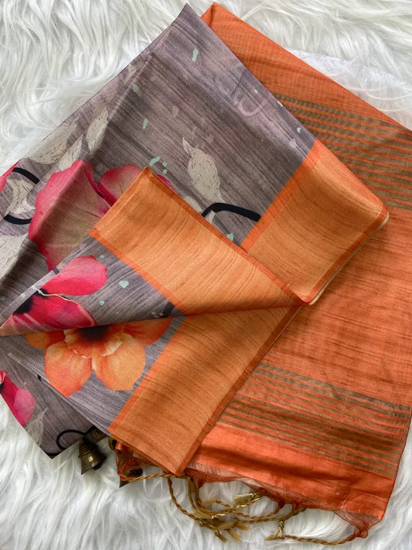 Yukti_Grey_–_Aesthetic_Edit_for_You_|_Soft_Tussar_Silk_Saree_with_Print,_Border_&_Contrast_Print_Blouse_with_Tassels