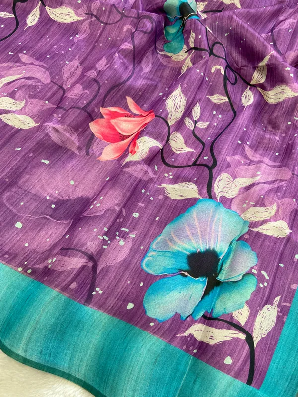 Yukti_Purple_–_Navratri_Special_|_Soft_Tussar_Silk_Saree_with_Print,_Border_&_Contrast_Print_Blouse_with_Tassels
