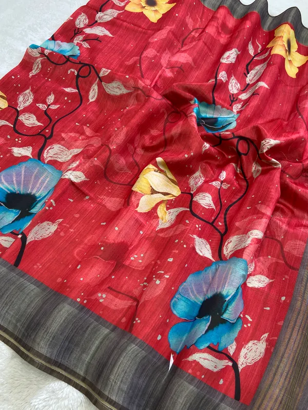 Yukti_Red_–_Diwali_Special_|_Soft_Tussar_Silk_Saree_with_Print,_Border_&_Contrast_Print_Blouse_with_Tassels